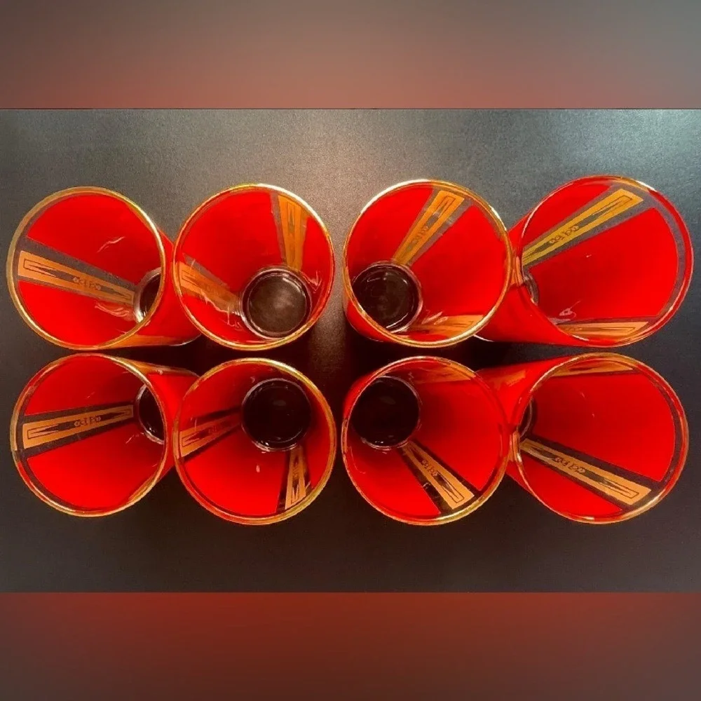Unbranded Thai Goddess Highball Glasses Set of 8 Red Gold Vintage Excellent